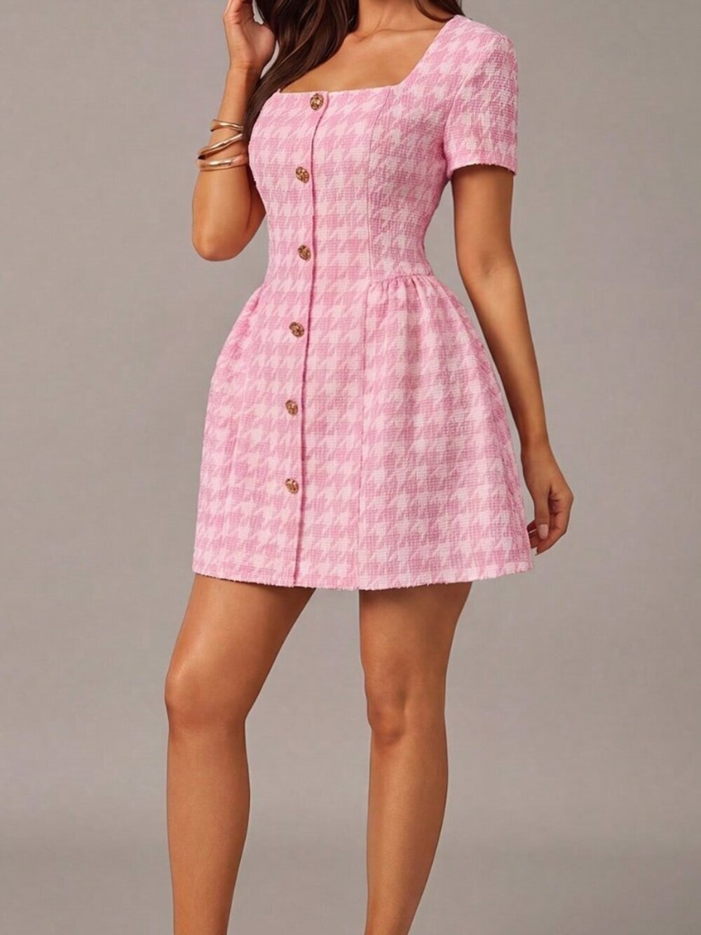 Pink Elegant Women's Mini A-Line Dresswith Metal Buckle, Tweed Plaid - Picture 4 of 6